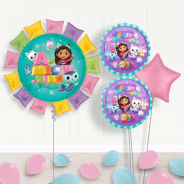Gabby’s Dollhouse Balloon Bouquet Delivery-Giant Balloon + 2 Themed Balloons + 1 Plain Balloon + Mini Balloons 