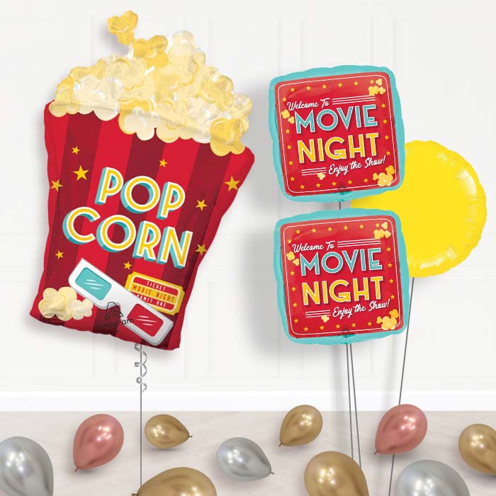 Popcorn Movie Night Balloon Bouquet Delivery-Giant Balloon + 2 Themed Balloons + 1 Plain Balloon + Mini Balloons 