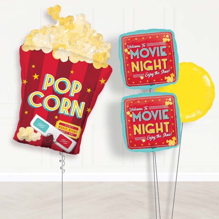 Popcorn Movie Night Balloon Bouquet Delivery-Giant Balloon + 2 Themed Balloons + 1 Plain Balloon 