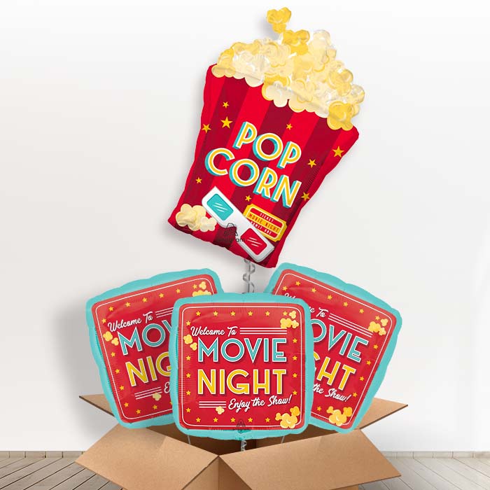Popcorn Movie Night Helium Balloon in a Box - with 3 Themed Balloons | Party Save Smile