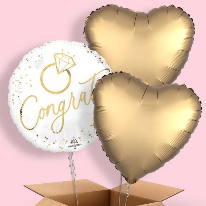 White & Gold Congrats Wedding Ring Helium Balloon in a Box - 3 Balloons | Party Save Smile