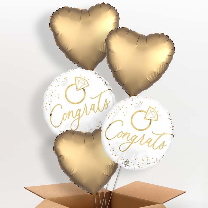 White & Gold Congrats Wedding Ring Helium Balloon in a Box - 5 Balloons | Party Save Smile