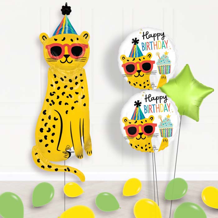 Giant Cheetah Shaped Balloon Bouquet Delivery-Giant Balloon + 2 Themed Balloons + 1 Plain Balloon + Mini Balloons 