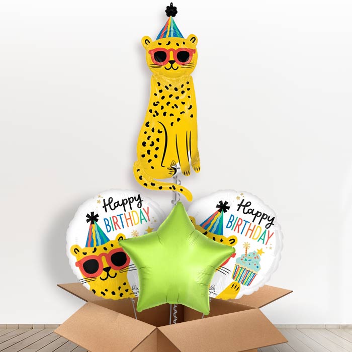 Giant Cheetah Shaped Helium Balloon in a Box-1 x Giant Balloon and 2 Themed Balloons and 1 Plain Balloon 