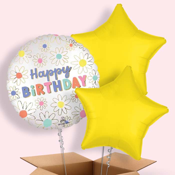 Satin Daisy Happy Birthday Helium Balloon in a Box - 3 Balloons | Party Save Smile