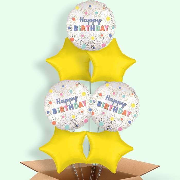 Satin Daisy Happy Birthday Helium Balloon in a Box - 7 Balloons | Party Save Smile