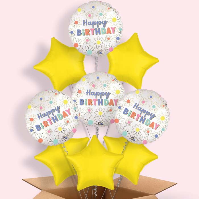 Satin Daisy Happy Birthday Helium Balloon in a Box - 9 Balloons | Party Save Smile