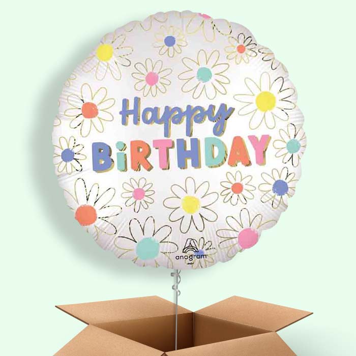 Satin Daisy Happy Birthday Helium Balloon in a Box - 1 Balloon | Party Save Smile