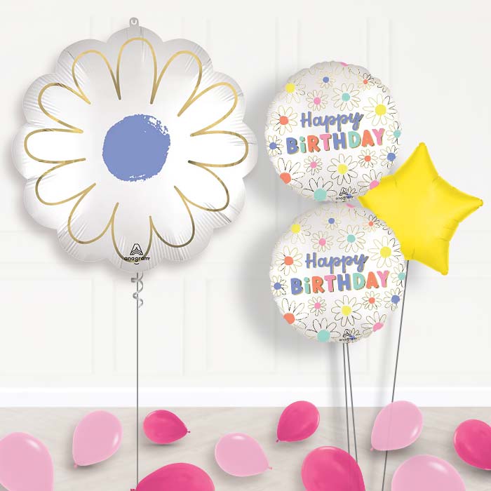 Satin Purple Daisy Balloon Bouquet Delivery-Giant Balloon + 2 Themed Balloons + 1 Plain Balloon + Mini Balloons 