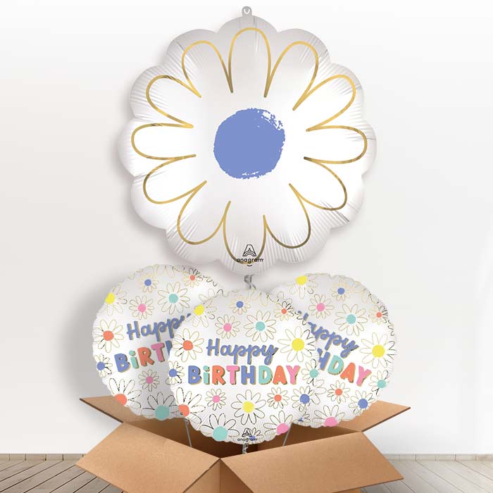 Satin Purple Daisy Helium Balloon in a Box - with 3 Themed Balloons | Party Save Smile