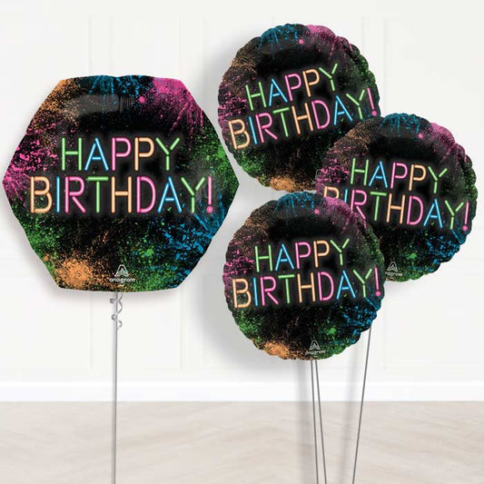 Neon Happy Birthday Balloon Bouquet Delivery - 1 x Giant Balloon with Themed Bouquet | Party Save Smile