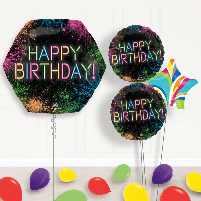 Neon Happy Birthday Balloon Bouquet Delivery-Giant Balloon + 2 Themed Balloons + 1 Plain Balloon + Mini Balloons 
