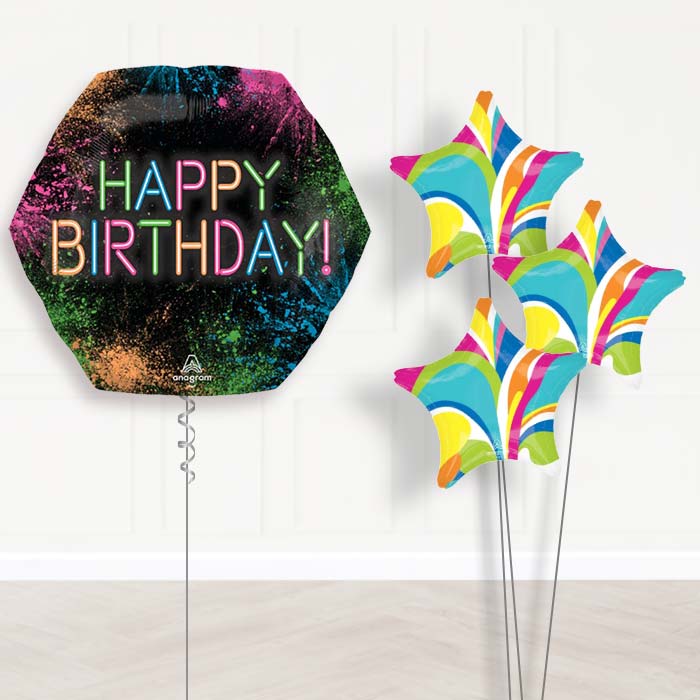 Neon Happy Birthday Balloon Bouquet Delivery - 1 x Giant Balloon with Plain Bouquet | Party Save Smile