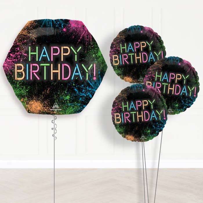 Neon Happy Birthday Balloon Bouquet Delivery - 1 x Giant Balloon with Themed Bouquet | Party Save Smile