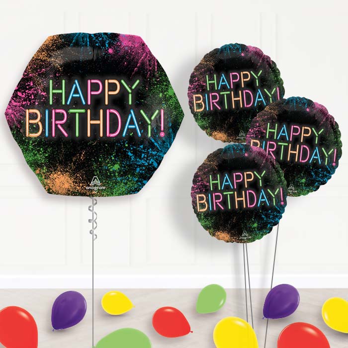 Neon Happy Birthday Balloon Bouquet Delivery - 1 x Giant Balloon with Themed Bouquet and Latex | Party Save Smile