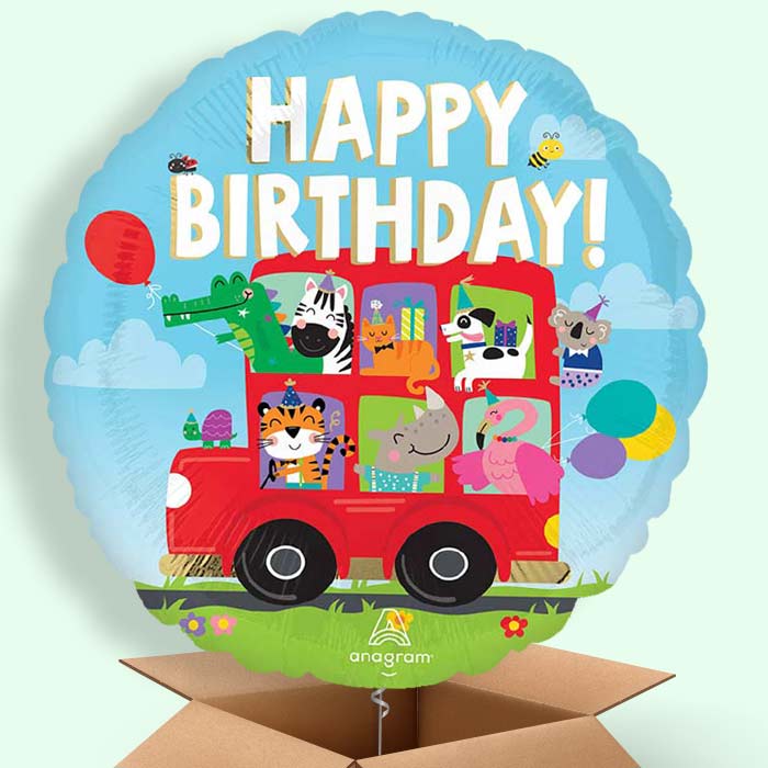 Animal Party Bus Happy Birthday Helium Balloons Delivered - 1 Balloon | Party Save Smile