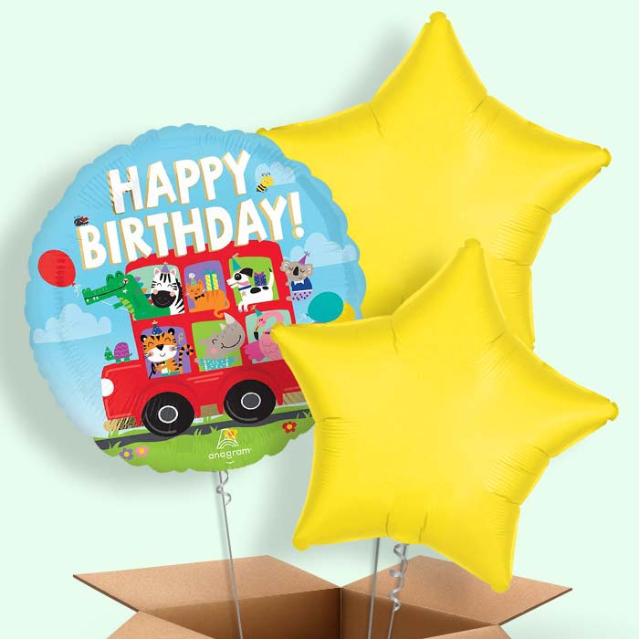 Animal Party Bus Happy Birthday Helium Balloons Delivered - 3 Balloons | Party Save Smile