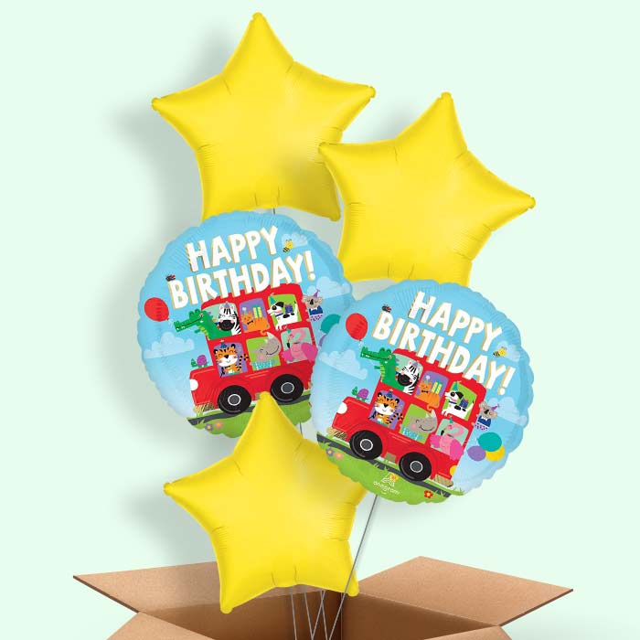 Animal Party Bus Happy Birthday Helium Balloons Delivered - 5 Balloons | Party Save Smile