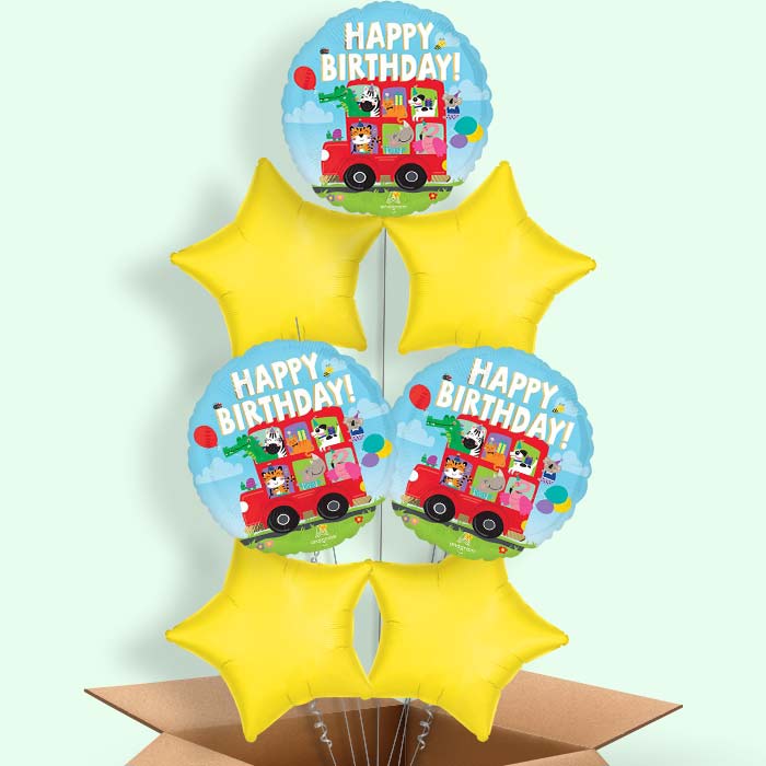 Animal Party Bus Happy Birthday Helium Balloons Delivered - 7 Balloons | Party Save Smile
