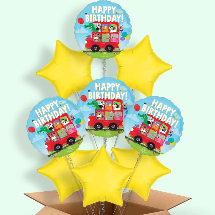 Animal Party Bus Happy Birthday Helium Balloons Delivered - 9 Balloons | Party Save Smile