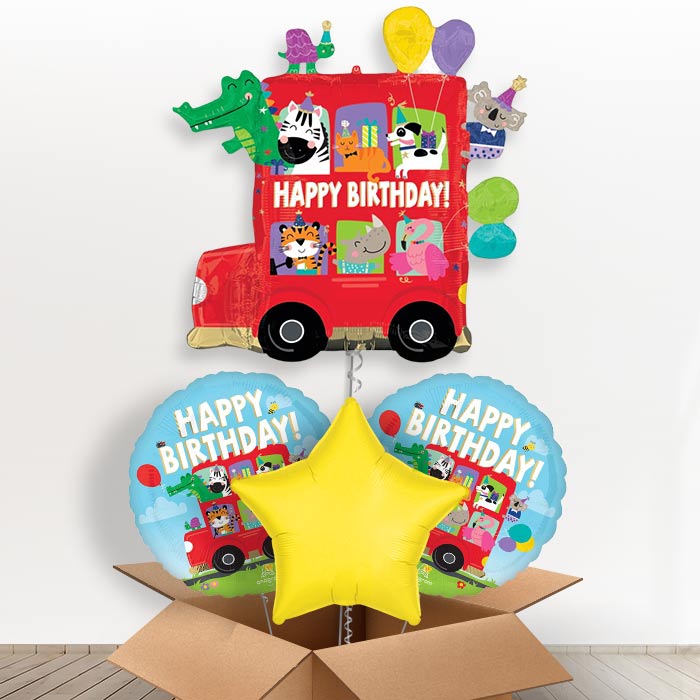 Giant Animal Party Bus Shaped Helium Balloon in a Box-Giant Balloon + 2 Themed Balloons + 1 Plain Balloon| Party Save Smile