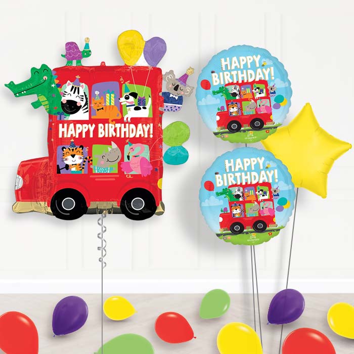 Animal Party Bus Balloon Bouquet Delivery-Giant Balloon + 2 Themed Balloons + 1 Plain Balloon + Mini Balloons| Party Save Smile
