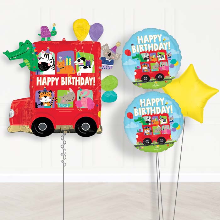 Animal Party Bus Balloon Bouquet Delivery-Giant Balloon + 2 Themed Balloons + 1 Plain Balloon | Party Save Smile