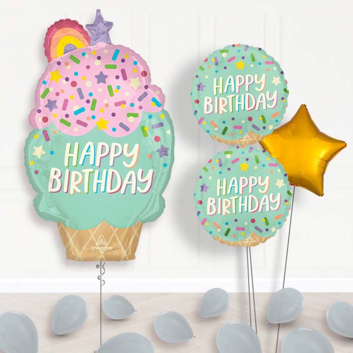 Giant Ice Cream Cone Balloon Bouquet Delivery-Giant Balloon + 2 Themed Balloons + 1 Plain Balloon + Mini Balloons 