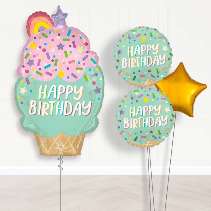 Giant Ice Cream Cone Balloon Bouquet Delivery-Giant Balloon + 2 Themed Balloons + 1 Plain Balloon 