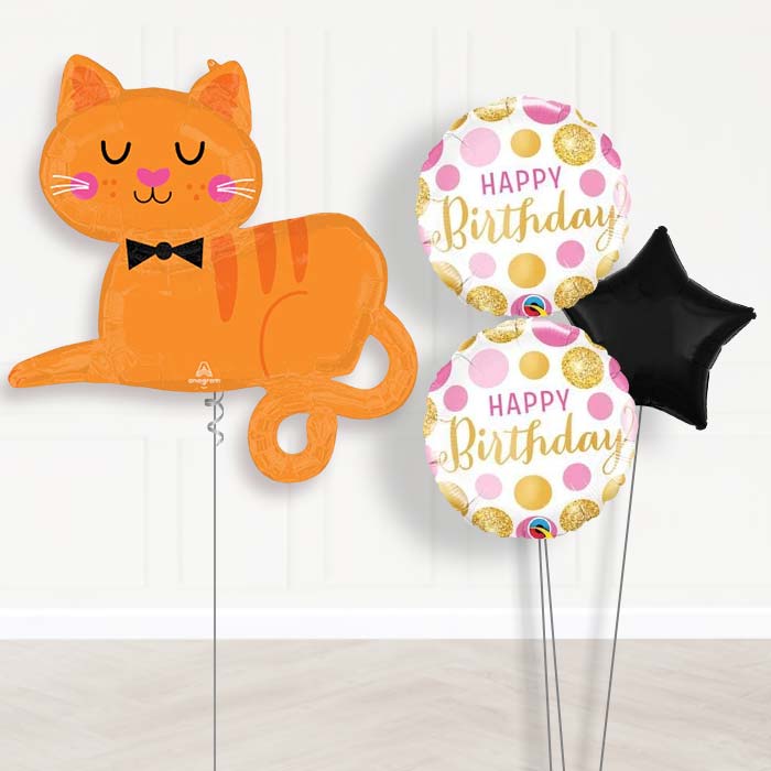 Orange Tabby Cat Balloon Bouquet Delivery-Giant Balloon + 2 Themed Balloons + 1 Plain Balloon 