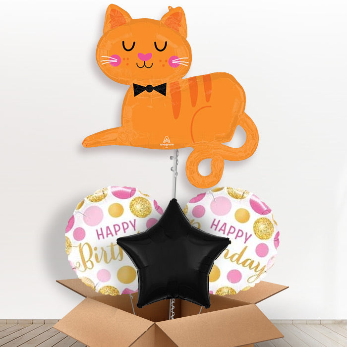 Orange Tabby Cat Helium Balloon in a Box-1 x Giant Balloon and 2 Themed Balloons and 1 Plain Balloon 