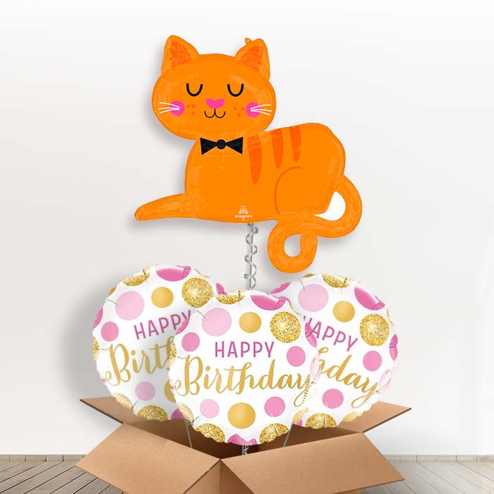 Orange Tabby Cat Helium Balloon in a Box - with 3 Themed Balloons | Party Save Smile