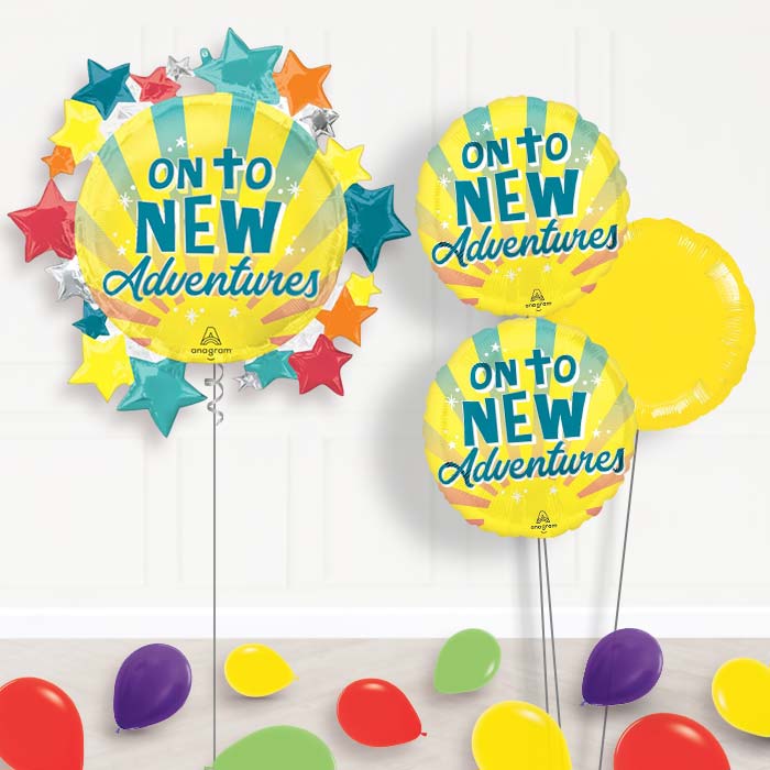 On To New Adventures Balloon Bouquet Delivery-Giant Balloon + 2 Themed Balloons + 1 Plain Balloon + Mini Balloons 