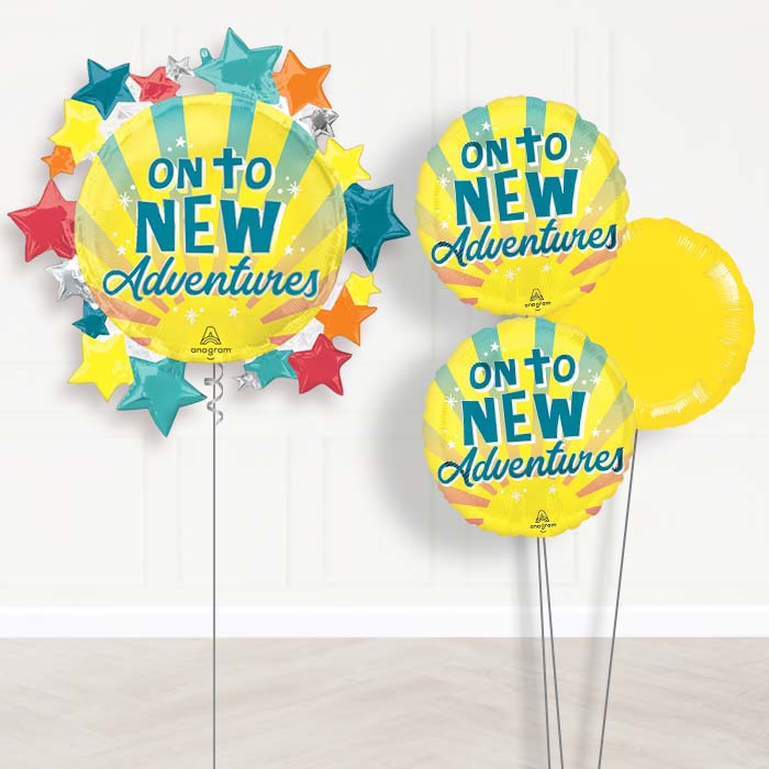 On To New Adventures Balloon Bouquet Delivery-Giant Balloon + 2 Themed Balloons + 1 Plain Balloon 