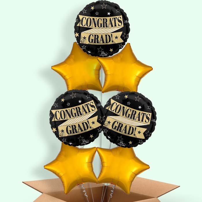 Black and Gold Graduation Helium Balloons Delivered