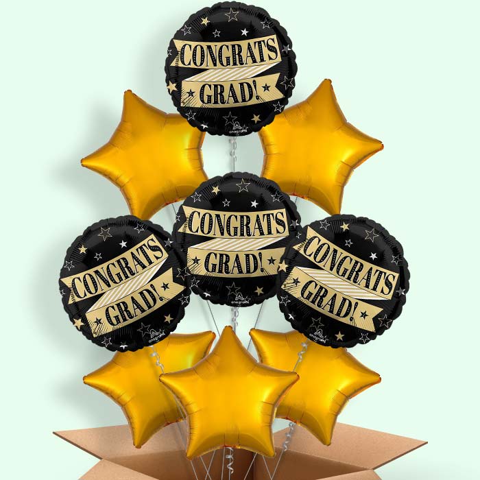 Black and Gold Graduation Helium Balloons Delivered
