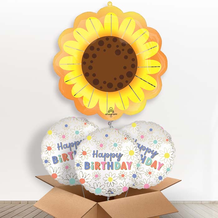Sunflower Glow Helium Balloon in a Box - with 3 Themed Balloons | Party Save Smile