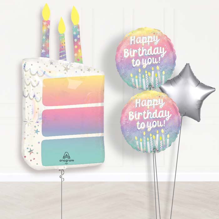Birthday Cake Slice with Candles Balloon Bouquet Delivery-Giant Balloon + 2 Themed Balloons + 1 Plain Balloon 