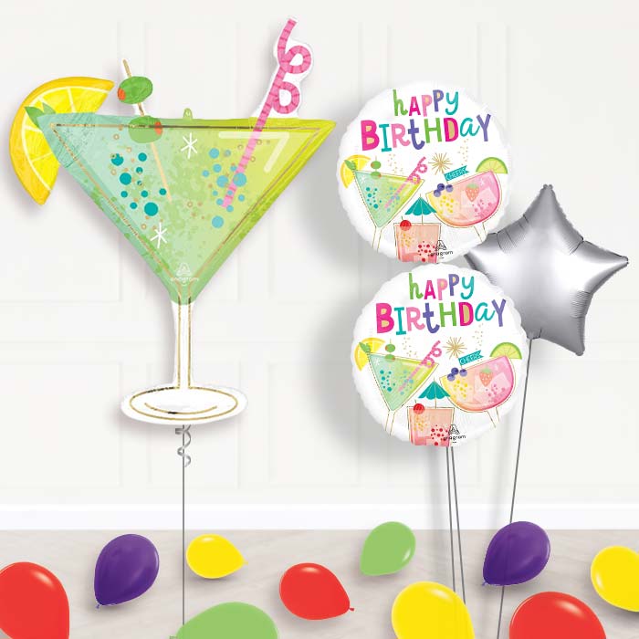 Cocktail Surprise Balloon Bouquet Delivery-Giant Balloon + 2 Themed Balloons + 1 Plain Balloon + Mini Balloons 