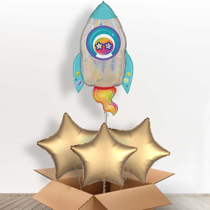 Outer Space Rocket Helium Balloon in a Box - with 3 Plain Balloons | Party Save Smile