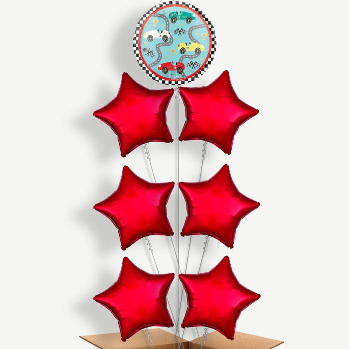 Race Cars Balloon Arrangement Inflated with Helium | Party Save Smile