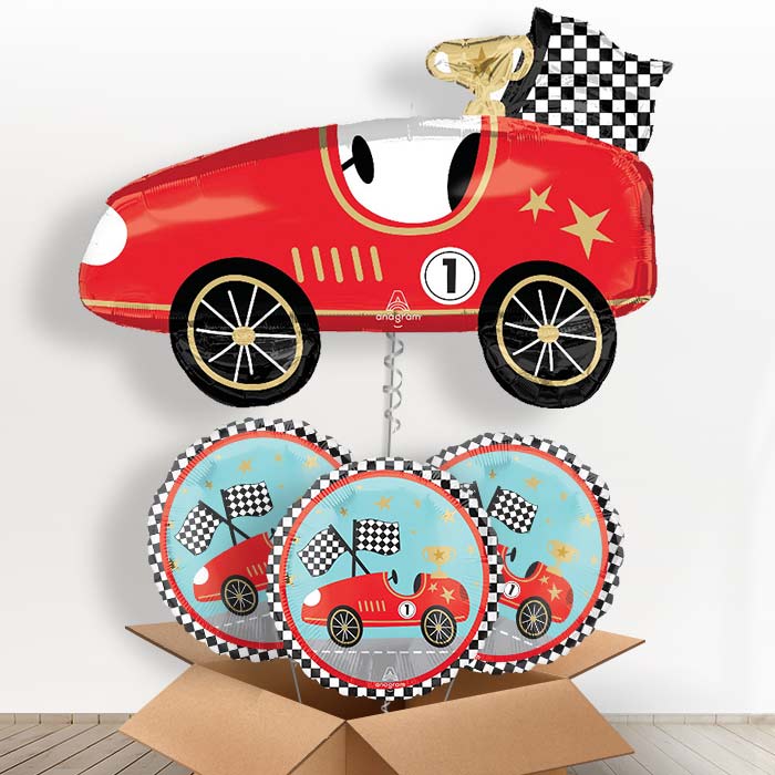 Classic Race Car Helium Balloon in a Box - with 3 Themed Balloons | Party Save Smile