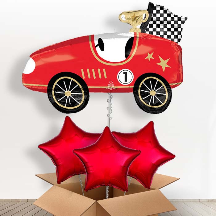 Classic Race Car Helium Balloon in a Box - with 3 Plain Balloons | Party Save Smile