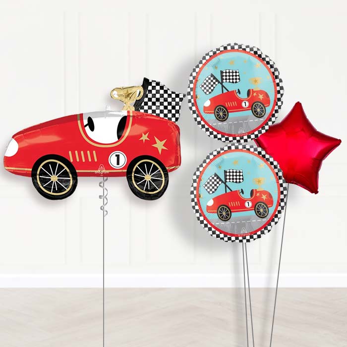 Classic Race Car Balloon Bouquet Delivery-Giant Balloon + 2 Themed Balloons + 1 Plain Balloon 