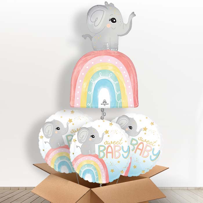 Baby Elephant with Rainbow Helium Balloon in a Box - with 3 Themed Balloons | Party Save Smile