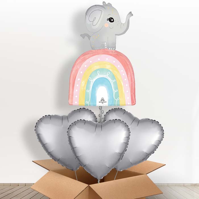 Baby Elephant with Rainbow Helium Balloon in a Box - with 3 Plain Balloons | Party Save Smile