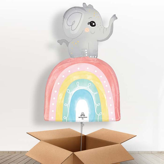 Baby Elephant with Rainbow Helium Balloon in a Box - 1 x Giant Balloon | Party Save Smile
