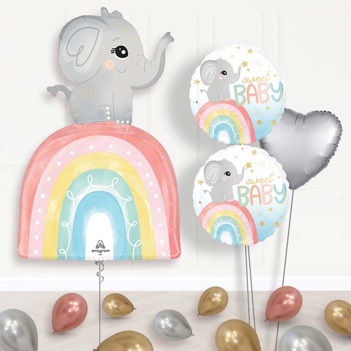 Baby Elephant with Rainbow Balloon Bouquet Delivery-Giant Balloon + 2 Themed Balloons + 1 Plain Balloon + Mini Balloons 