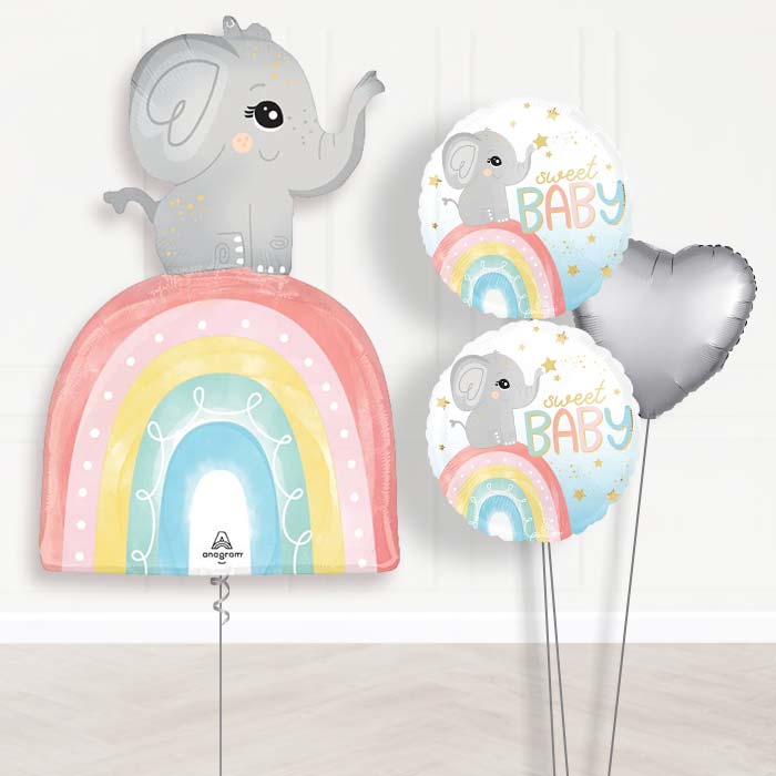 Baby Elephant with Rainbow Balloon Bouquet Delivery-Giant Balloon + 2 Themed Balloons + 1 Plain Balloon 