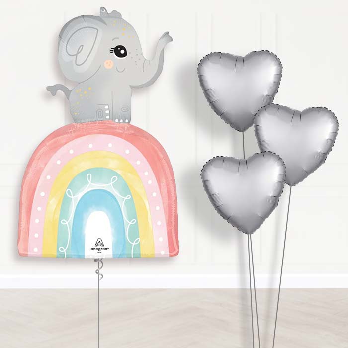 Baby Elephant with Rainbow Balloon Bouquet Delivery - 1 x Giant Balloon with Plain Bouquet | Party Save Smile